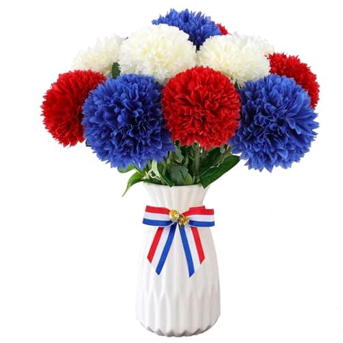 Hananona 12 Pcs Artificial Chrysanthemums Flowers Patriotic Flower 4th of July Fake Mums Flowers Silk for Home Decor Indoor Memorial Day Table Centerpiece Vase not Included 12 Red White Blue