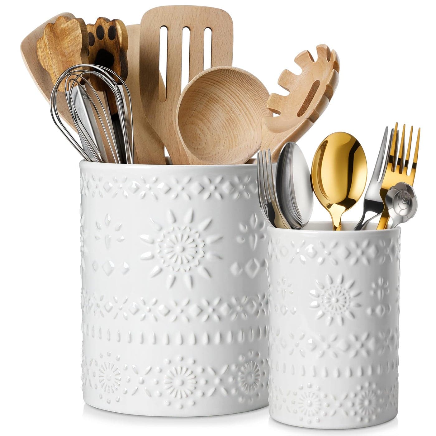 LOVECASA Utensil Holder 7254 Ceramic Utensil Holder for Countertop Large Cooking Utensil Crocks for Kitchen Counter Farmhouse Utensil Vase for Housewarming Kitchen Decor Set of 2 Snow