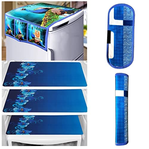 KANUSHI Industries® 1Pc Fridge Cover for Top with 6 Utility Pockets + 2 Handles Covers + 3 Fridge Mats (FRI-Blue-Peacock+2-Handle+M-8-03)