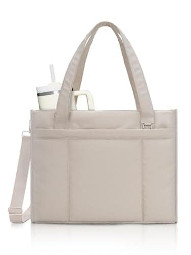 RHDZO Tote Bag for Women, Puffer Work Tote Bag, 15.6 Inch Laptop Purse with Cup Holder, Crossbody Boxy Shoulder Handbag with Zipper and Multi Compartments for Travel Nurse Teacher College, Camel