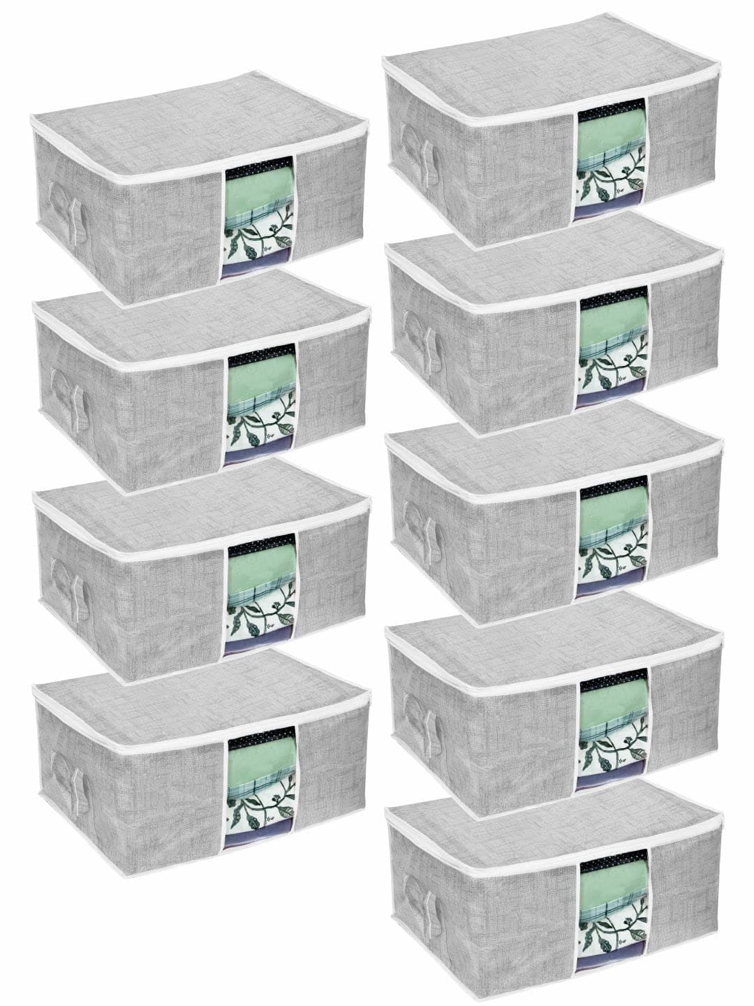 Pretty Krafts Set of 9 Jute Underbed Storage Bag with Handles, Clear Window & Zipper Lock | Quilt, Comforter & Blanket Cover Organiser | Foldable Cloth Storage Closet Bag (62x45x30cm, Grey)