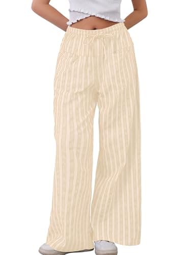 MISSACTIVER Women Drawstring Striped Pants Loose Wide Leg Trousers Casual Low Waist Pants Comfy Lounge Pants with Pockets Apricot