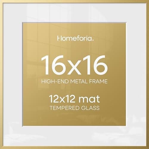 Homeforia 16x16 Picture Frame Gold, High End Metal 16 x 16 Square Poster Frame with Mat 12 x 12 Photo, 16x16 Frame Matted to 12x12 Print, 16by16 Gold Hanging Frames, Tempered Glass, Wall Kit, Set of 1