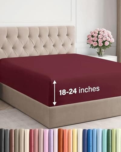 Extra Deep King Fitted Sheet Hotel Luxury Single Fitted Sheet Only Easily Fits 18 inch to 24 inch Mattress Ultra Soft Wrinkle Fade Free wExtra Deep Pockets Breathable Comfy Burgundy