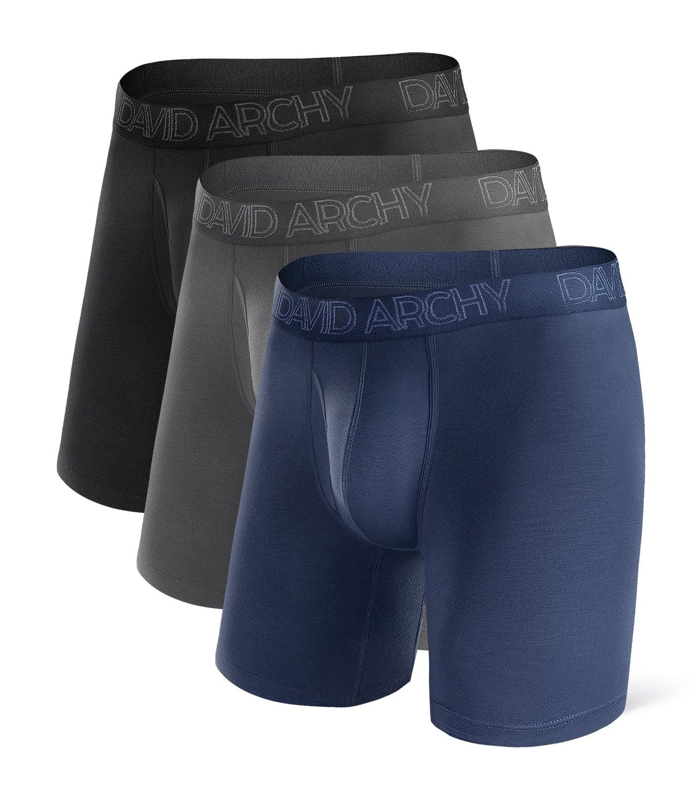 DAVID ARCHY Mens Underwear Boxer Briefs Breathable Soft Moisture-Wicking with Fly Underwear Long Leg 8" for Men 3 Pack (M, Black/Dark Gray/Navy Blue - 8" in 3 Pack)