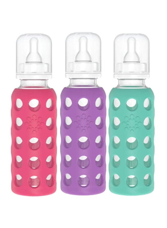 Lifefactory Glass Baby Bottle BPA Free | Protective Silicone Sleeve | 9 oz Pack of 3 | Raspberry, Grape, Kale