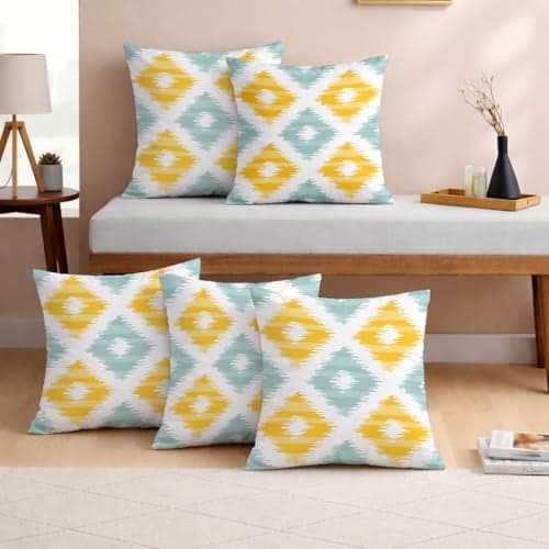 STITCHNEST Set of 5 Polycotton Cushion Covers – 12x12 Inches – Yellow & Teal Ikat Geometric Print – Stylish Cushion Covers for Sofa & Living Room Decor