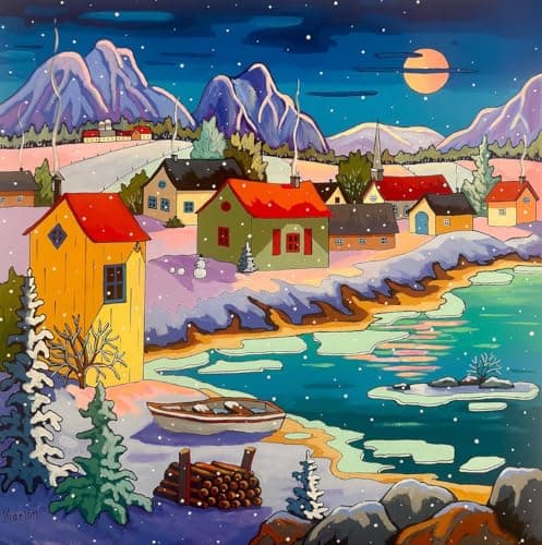Springbok Moonlit Winter Village 500 Piece Puzzle for Adults Peaceful Winter Puzzle Featuring a Cozy Snowy Village by a Moonlit Lake