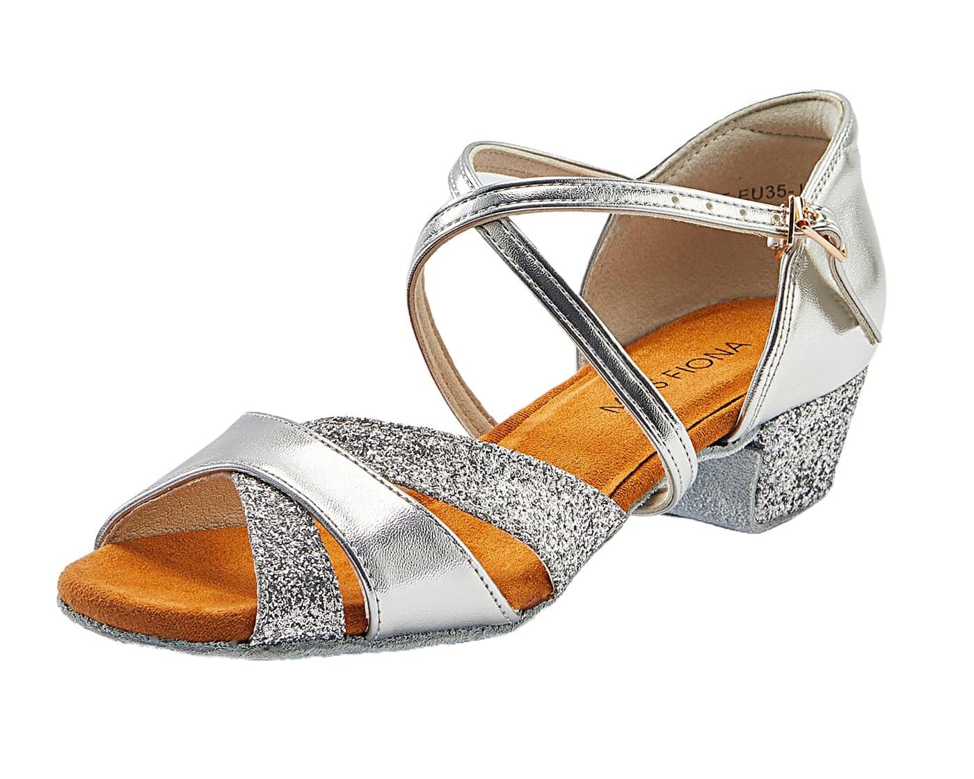 missfiona Girls Glitter Latin Dance Shoes Kids Ballroom Shoe Women Low Heel Salsa Tango Shoes(3.5, Silver)