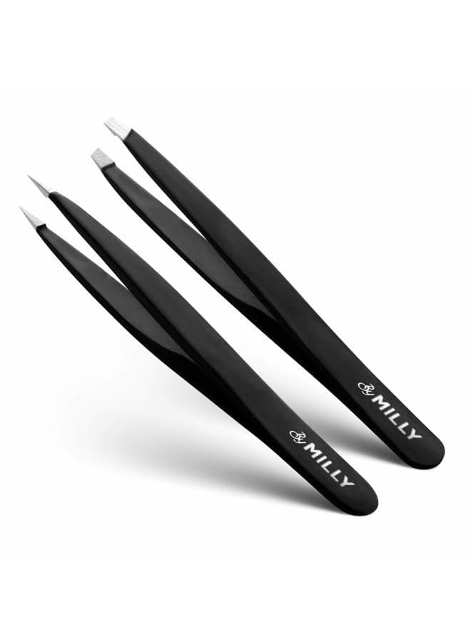 Precision Tweezers Set | Slanted & Pointed Tip Tweezers Kit | High Carbon Stainless Steel | Aligned & Hand-Filed Tweezer Set Professional | Hair Removal & Eyebrow Tweezer Set | Black