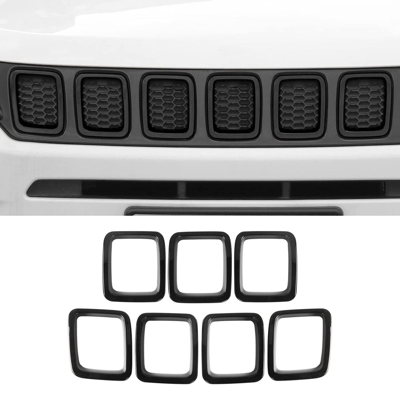 Grill Inserts Grille Cover Frame Trims Kit for Jeep Compass 2017 2018 2019 2020 Black