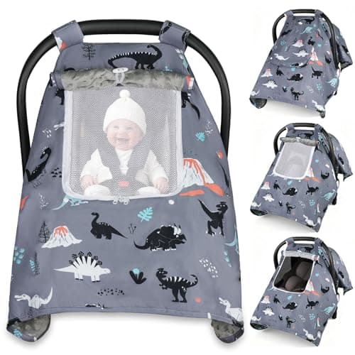 Bnditeu Car Seat Cover Baby Girl Boy Gray Dinosaur Carseat Covers Infant Car Seat Canopy 2 Layers Window with Breathable MeshFabric KickProof Stroller Sun Shade 40 x 30 Universal Large Size