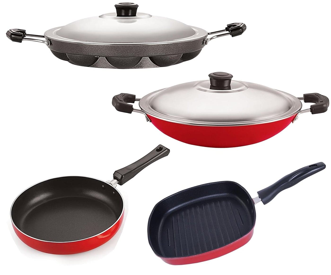 Nirlon Stain Resistance 4 Piece Non-Stick Aluminium Kitchenware Combo Essential Gift Set Item, FP10_AP12_AC_GP22.5