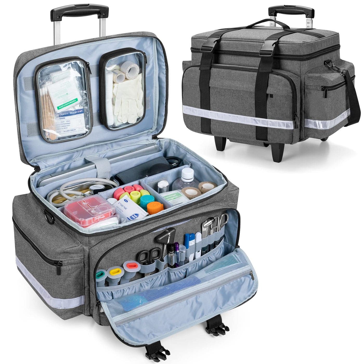 Damero Rolling Medical Bag with Detachable Trolley Medical Equipment Bag with Removable Pouches and Dividers First Aid Responder Bag Empty for Home Health Nurses Doctors EMT EMS Gray