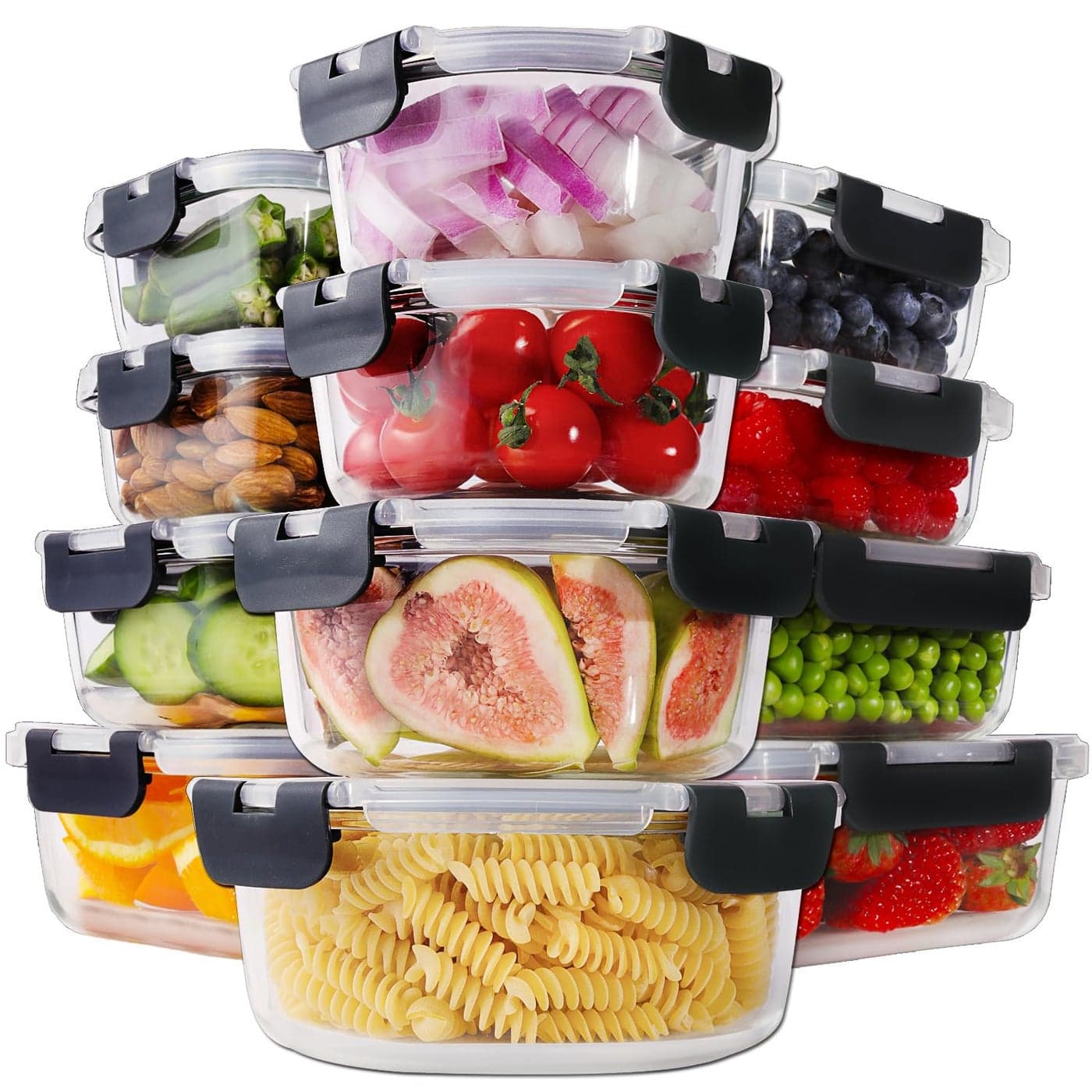 HOMBERKING 24pc Glass Food Storage Containers with Lids Glass Meal Prep Containers with Leak Proof Snap Lock Lids Airtight Bento Lunch Boxes Kitchen Storage 12 lids 12 Containers Black