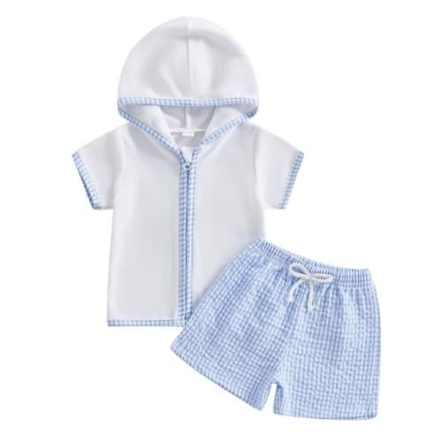 Mobbdow Toddler Baby Boy Girl Swim Cover Up Towel Terry Zipper Hooded Tops Seersucker Gingham Shorts Set Bathing Suit Coverup (Plaid-Sky Blue, 12-18 Months)