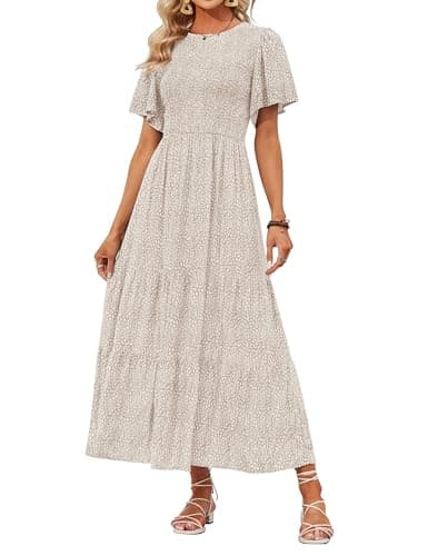 ZESICA Women's 2025 Summer Casual Floral Print Short Flutter Sleeve Crew Neck Smocked High Waist Flowy Maxi Dress,Beige,Small
