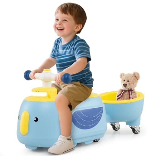 HONEY JOY Ride On Push Car with Trailer Indoor Outdoor Toddler Riding Toys wUnderseat Storage LED Light Music FoottoFloor Sliding Car No Battery Baby Ride On Toys for Boys and Girls Blue