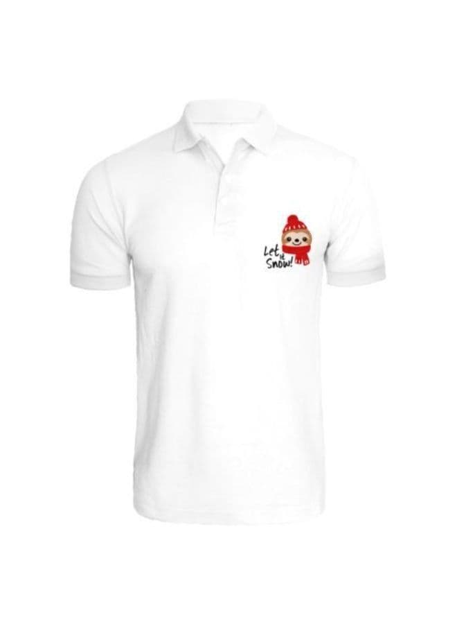 Holiday Themed Embroidered (White) Cotton T-shirt (Koala Bear with Let it Snow) Unisex Personalized Polo Neck T-shirt (Medium)-Set of 1 pc-220 GSM
