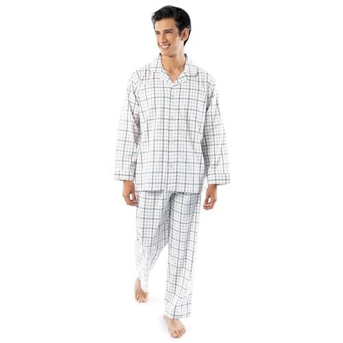 Fruit of the Loom Men's Long Sleeve Broadcloth Pajama Set, Natural/Green Plaid, X-Large