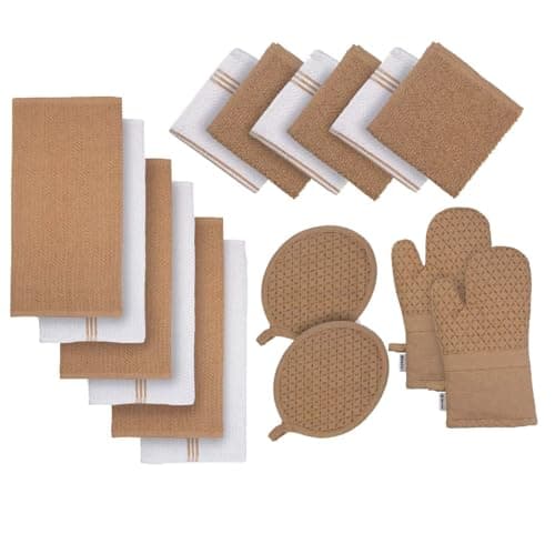 LANE LINEN 16 Piece Dish Cloths Set - 100% Cotton, Heat Resistant Mittens and Pot Holder Set, Reusable Dish Rags for Washing, Absorbent Towels for Kitchen Drying - Beige