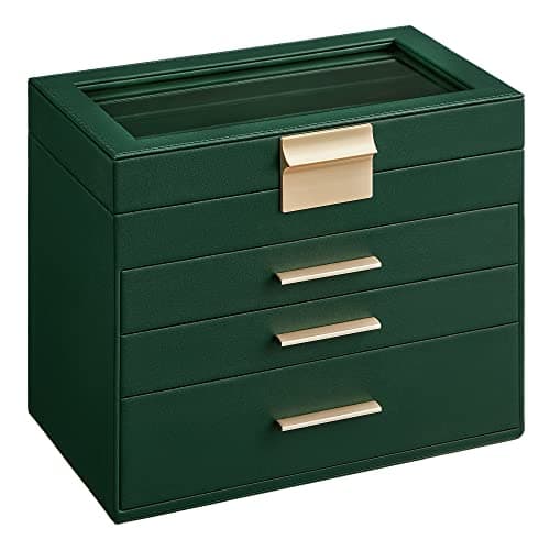 SONGMICS Jewelry Box Organizer with Glass Lid, 4-Layer Jewelry Storage, with 3 Drawers, Modern Style, 6 x 9.9 x 8.5 Inches, Forest Green and Gold Color UJBC161G01