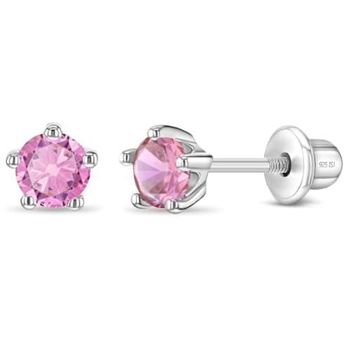 In Season Jewelry Sterling Silver 4mm Simulated Pink Tourmaline Birthstone Stud Earrings for Girls