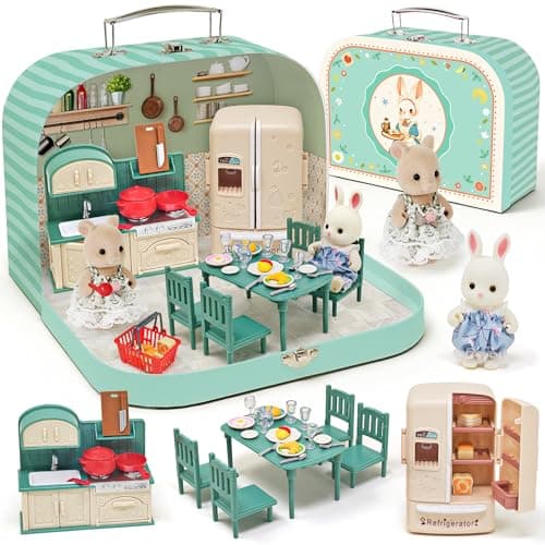 Dollhouse Kitchen Furniture Suitcase Set for Kids 2 Flexible DollsDining TbleKitchenwareTablewareRefrigeratorBread Pretend Play Dollhouse Accessories Christmas Birthday Gift for Girls Ages 3