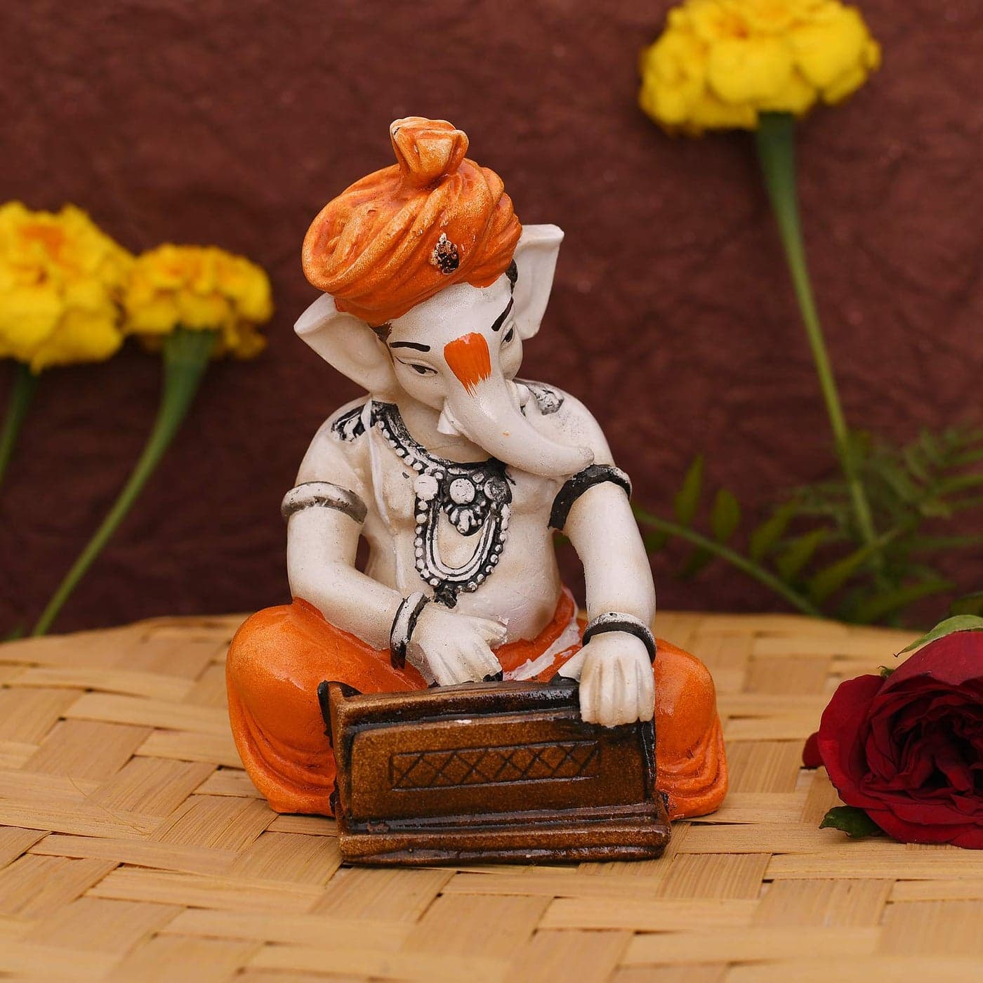 Collectible India Lord Ganesha Playing Harmonium Polyresin Idol Showpiece for Home Decor - God Ganesh Ganpati Musical Statue Figurine.