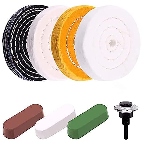 8Pcs 4'' Buffing Polishing Wheels Kit with 3 Pcs Polishing Compounds/White Cotton (50-ply) /Yellow Cotton (36-ply)/Flannel (30-ply)/Denim and 1/4" Shank for Bench Grinders/Bench Buffer Rotary Tools