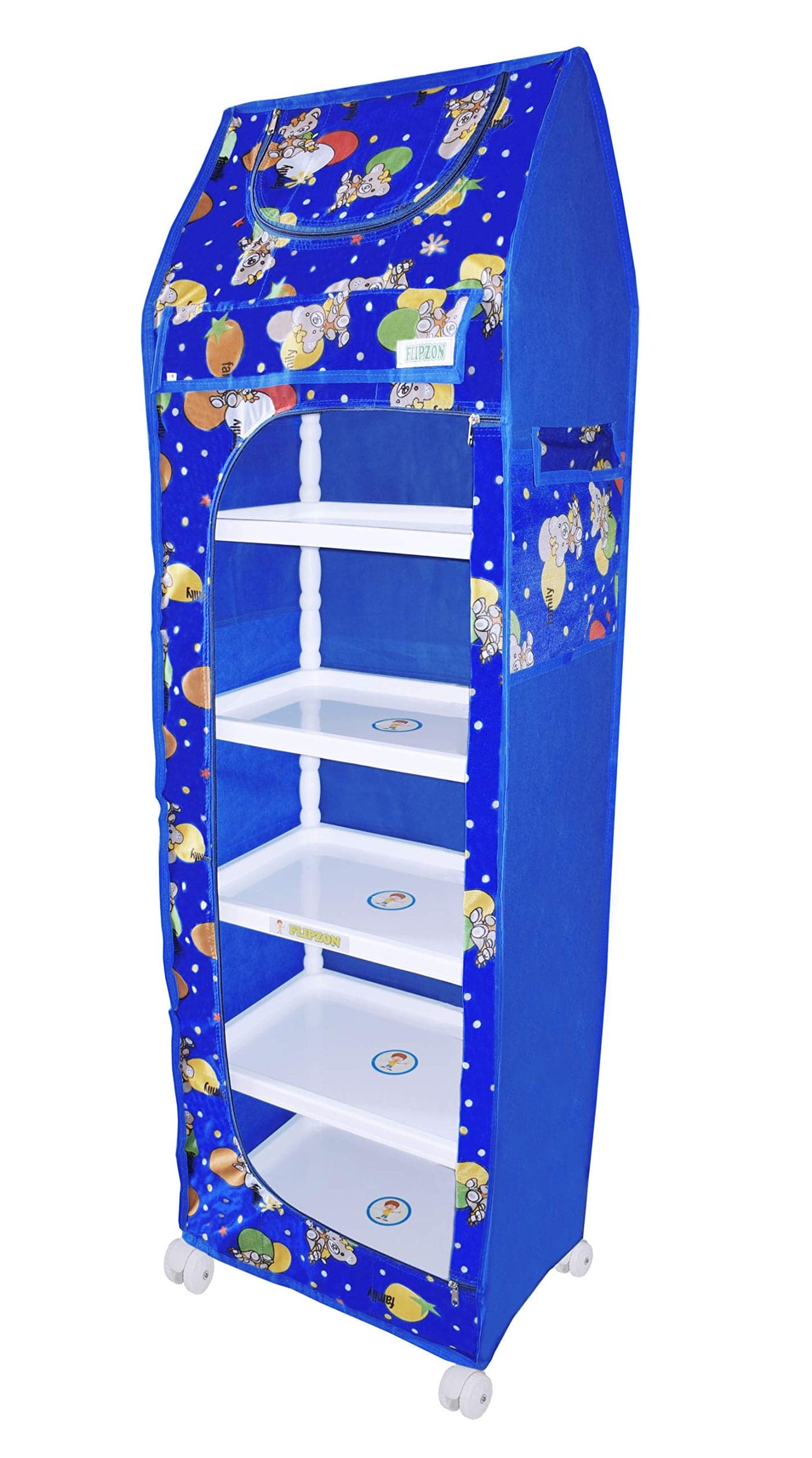 FLIPZON Multipurpose 6 Shelve Baby Wardrobe (Unbreakable Material) - Animal Blue, Pack of 1, Plastic, 149 Cm, 46 Cm