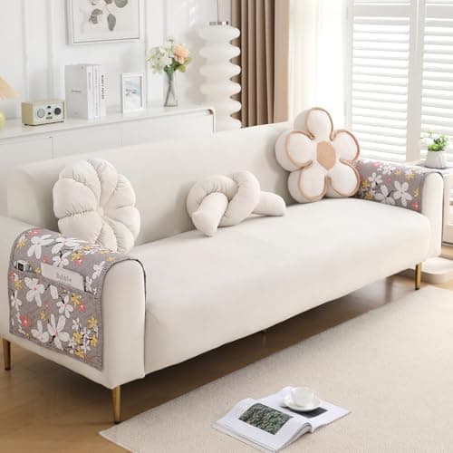 HOKIPO 'HomeHues Series' Printed Quilted Sofa Arm Cover, Pack of 2, Pastel Brown Sandwort Flower (IN-814-L-D1*2)