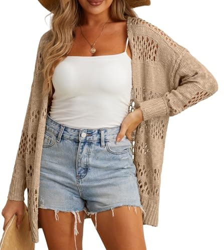 GRECERELLE 2025 Women Summer Crochet Boho Long Sleeve Lightweight Oversized Open Front Cardigan Sweaters Kimonos Tops, Khaki, Medium
