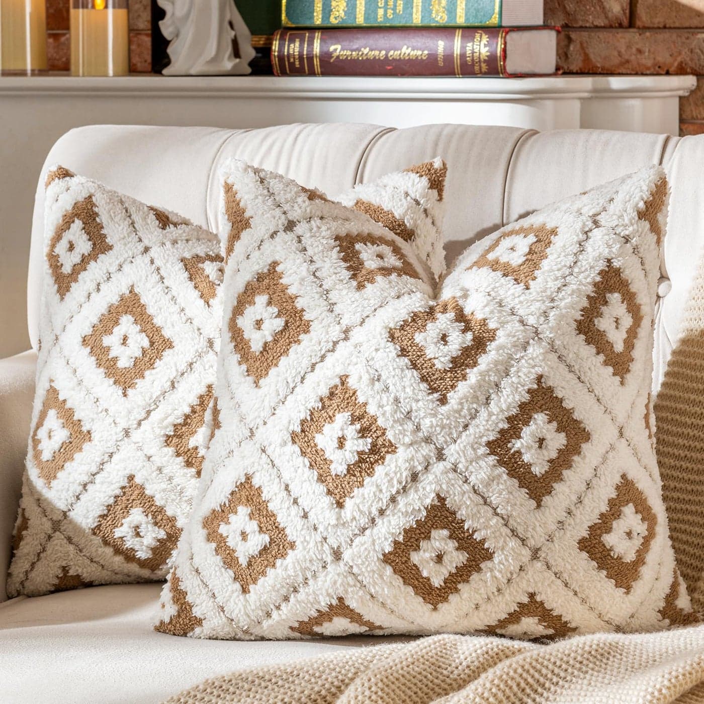 AmHoo Pack of 2 Decorative Throw Pillow Covers Rhomboid Luxury Super Soft Plush Set Case Cushion for Couch Sofa Bedroom 18 x 18Inch Tawny Brown