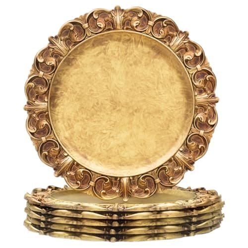 MAONAME 14" Antique Gold Charger Plates with Embossed Rims, Set of 6, Plastic Plate Chargers for Dinner Plates, Table Setting