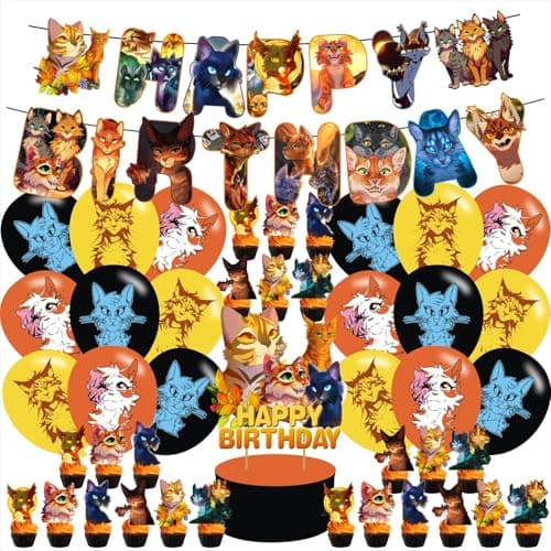 Karg Cartoon Cat Party Supplies Cats Birthday Party Decorations Pack Banners Cake Toppers 12 Cupcake Toppers 18 Balloons Brown Yellow Orange