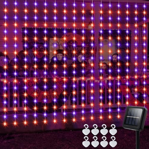 echosari Solar Halloween Curtain Lights Outdoor, 7.9ft x 6ft 144 LED Orange Purple Curtain Lights with 8 Modes Timer Waterproof for Indoor Outdoor Patio Fence Halloween Tree Party Decor