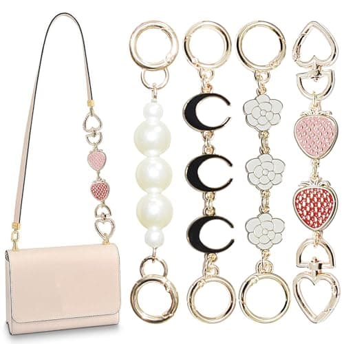 Chewarelly 4Pcs Purse chain Extender Bag Strap Extender Purse Strap Extension Replacement for Women, Girl Purse Bag Making Supplies(Moon, Strawberry, Flower, Pearl)