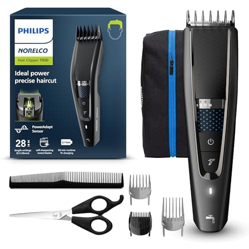 Norelco Philips Hair Clipper 7000 Series, Hair and Beard Trimmer, Precision Dial, PowerAdapt Sensor, Trim-and-Flow, DualCut, DuraPower, 28 Length Settings, 90 Min. Runtime, HC7650/40