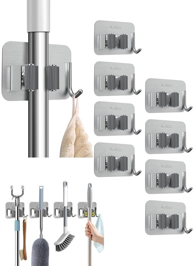 Mop Broom Holder No Drill, Mop Broom Organizer Wall Mounted Heavy Duty with Hooks Hanger, Self Adhesive Stainless Steel 8Pcs for Bathroom, Kitchen, Office (Silver)