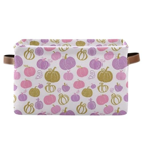 Wamika Pumpkin Pink Purple Storage Basket with Waterproof Liner and PU Handles Fall Thanksgiving Day Storage Bins Boxes 142 Collapsible Decorative Organizer Baskets for Bedroom Closet Office 1 Pack