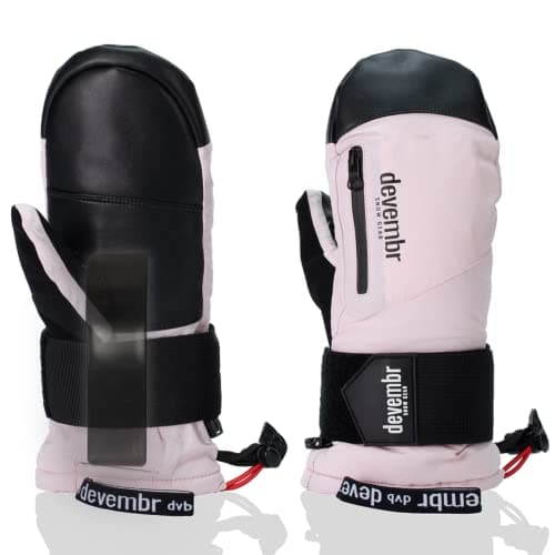 devembr Ski Mittens with Wrist Guards, Waterproof Snowboarding Mittens, Pink, S