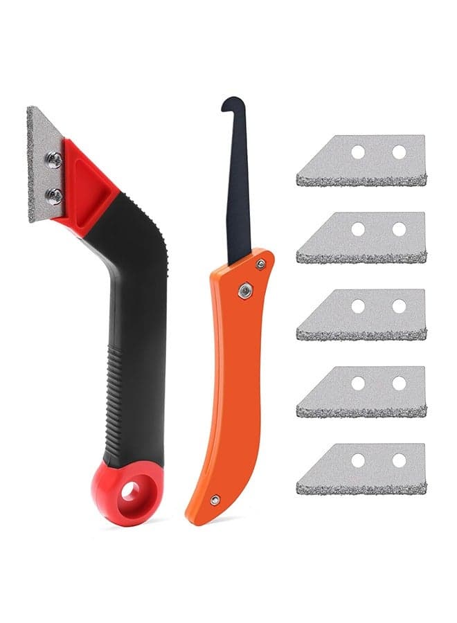 Grout Scraping Rake Tool Tile Grout Saw Grout Removal Tool Tile Grout Hand Saw Angled Grout Clean Remover with 7 Pcs Blades Replacement for Tile Cleaning Removing Paint