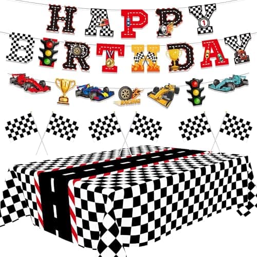 Race Car Party Decor Kit Happy Birthday Banner Tablecloths for Race Car Birthday or Baby Shower 54 x 108 Inch