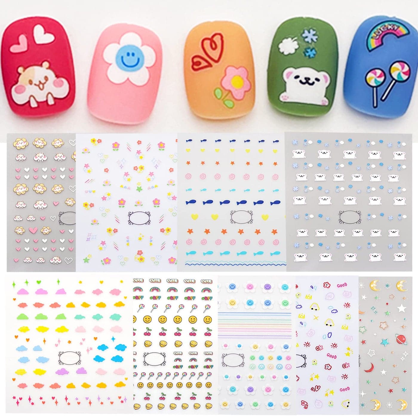 IHUKEIT Cute Nail Stickers for Kids Including Animals Flowers Cloud Star Heart and More Self Adhesive Fingernail Decal Stickers for Little Girls Women Nail Art Decoration Fun Pack of 9