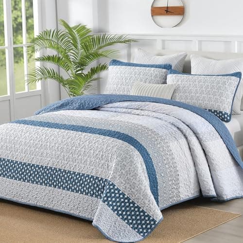 WONGS BEDDING Blue Quilt Full Size Bohemian Stripe Quilt Sets 3 Pieces Gray Boho Quilted Bedspread Set Lightweight Microfiber Coverlet Bedding Set All Season 7890