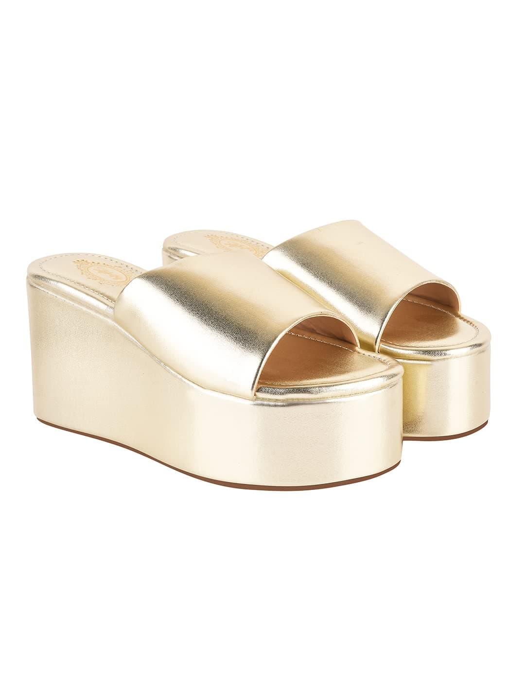 Shoetopia Women’s Stylish Golden Platform Wedge Heels – Slip-On Comfortable Casual Party Comfortable FootWear Sandals EU37