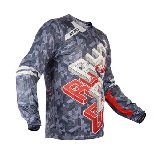 Rynox Fusion Neo Offroad Jersey | Mesh V-Shaped Collar Motocross Jersey with Active Ventilation - Grey Red Small