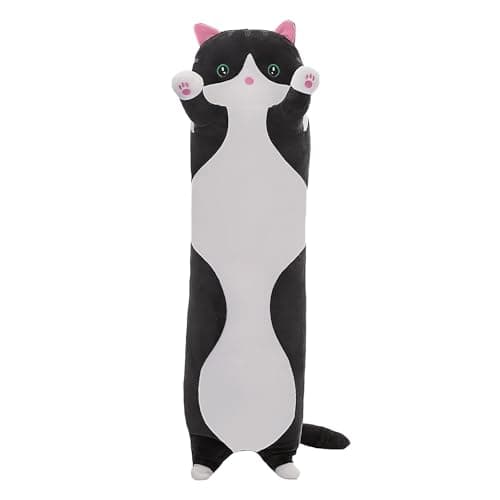 SHINUOER Cute Cat Plush Long Body Pillow Soft Cartoon Stuffed Animal Doll Kawaii Cat Plushie Cuddle Toy for Kids Girls Girlfriend Black 197 Inch