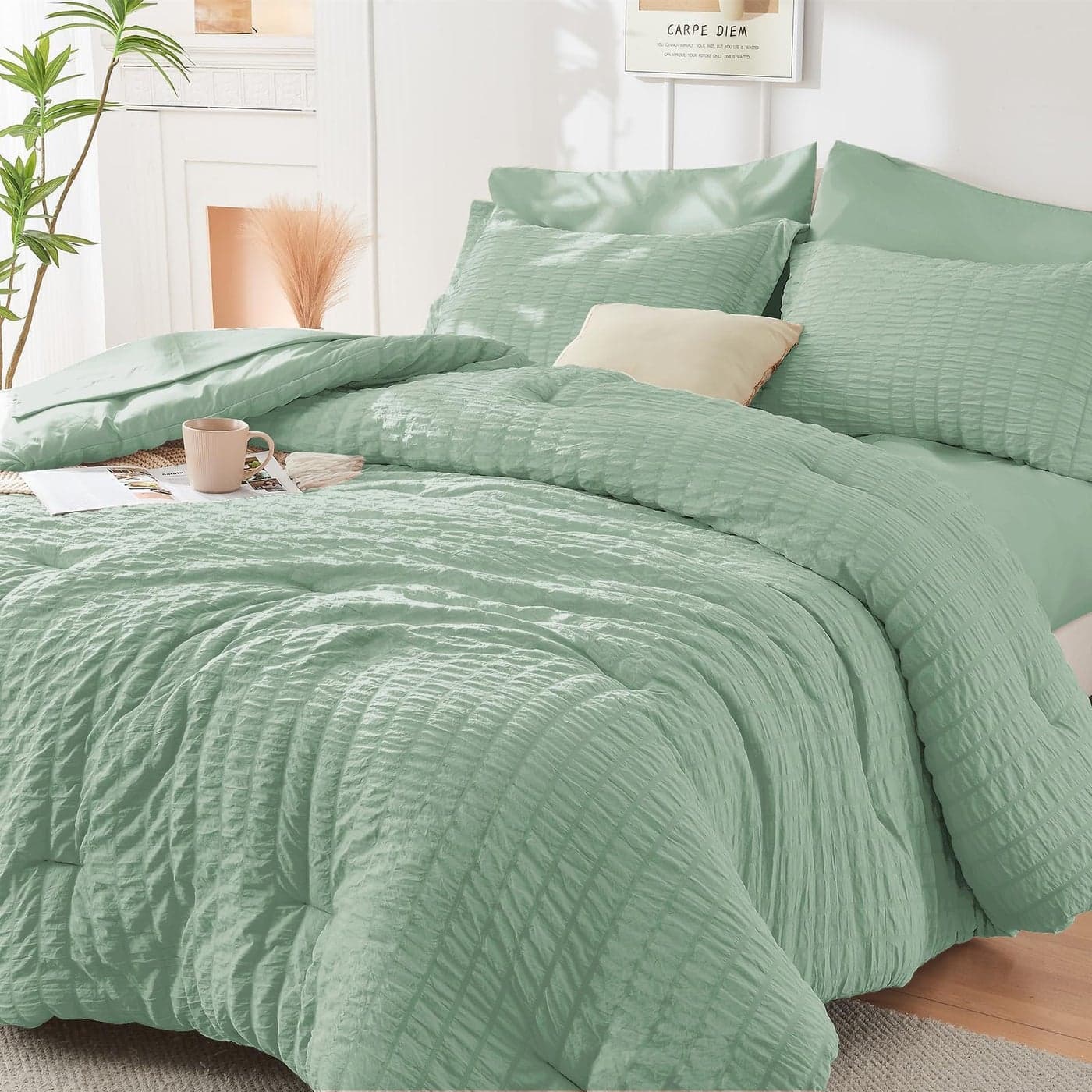 HYMOKEGE Sage Green Full Size Comforter Sets Seersucker 7 Pieces All Season Luxury Bed in a Bag for Bedroom Bedding Set with Comforters Sheets Pillowcases Shams